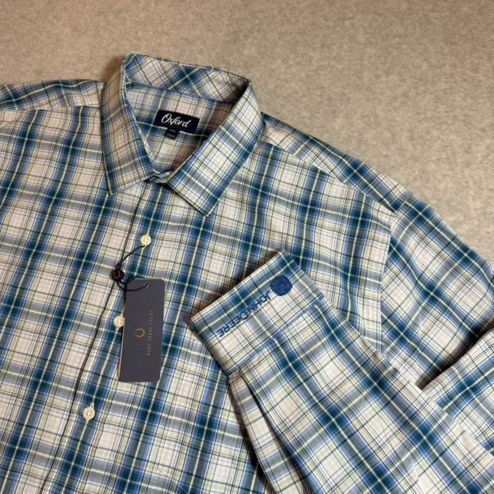 Oxford Mens XXL John Deere Blue Green Plaid Button Down Long Sleeve Shirt NWT